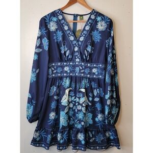 Cajuni Blue Floral Toucan Print Mini Dress Long Sleeve V-Neck Ruffle Hem Size M